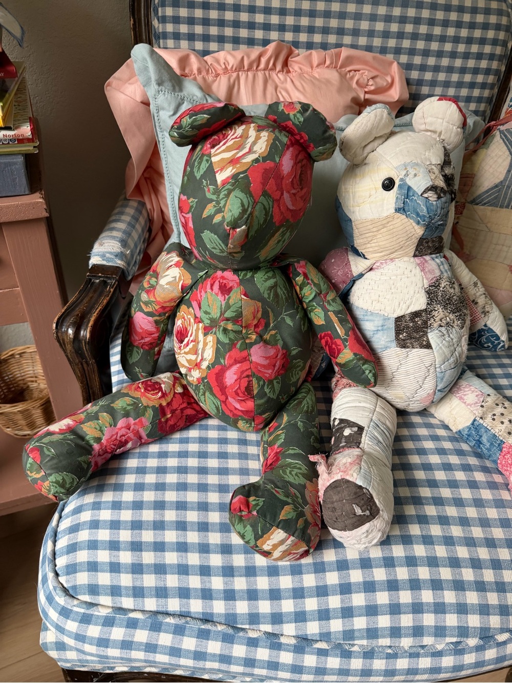 Floral Patchwork Plush Bear Home Accent - Green with Pink Roses